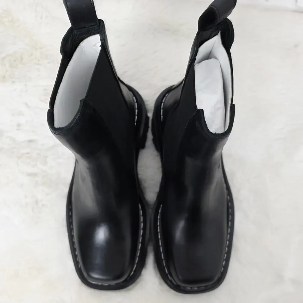 NEW Sandro Paris Black Leather Chelsea Boots Chunky Lug Sole Square Toe EU 37 - Picture 5 of 16